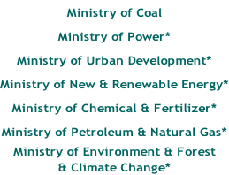 Ministry of Coal Ministry of Power* Ministry of Urban Development* Ministry of New & Renewable Energy* Ministry of Chemical & Fertilizer* Ministry of Petroleum & Natural Gas* Ministry of Environment & Forest  & Climate Change*